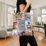 Bolsa Tote Nome da colagem de fotos prateadas de aniversário<br><div class="desc">Um presente único para o aniversário de 60 anos (ou qualquer idade) de uma mulher, celebrando sua vida com uma colagem de 8 fotos, fotos. Personalize e adicione seu nome, 60 anos e uma data. Um raio de fundo metálico prateado. Cinzas e letras brancas e números. O nome é escrito...</div>
