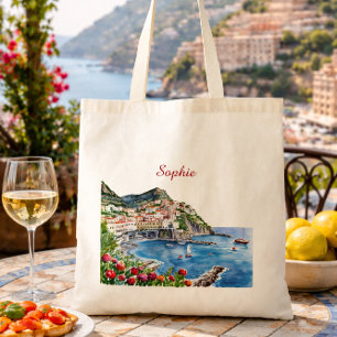 Bolsa Tote Nome da Costa Amalfitana Italiana Aquarela Floral