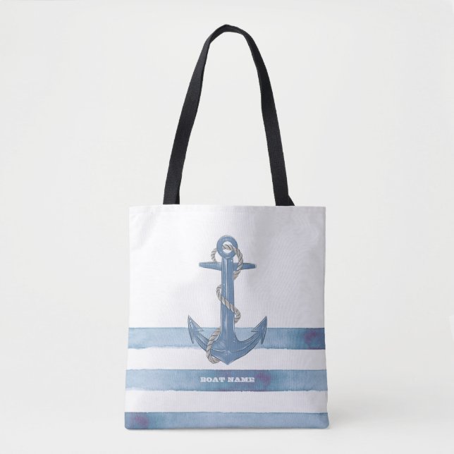 Bolsa Tote Nome Da Embarcação Náutica,Âncora,Corda,Faixa Azul (Frente)