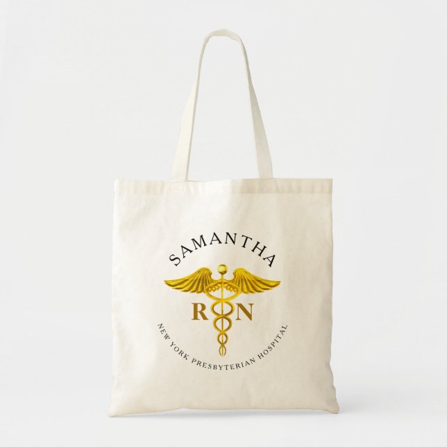 Bolsa Tote Nome da Enfermeira Registrada de Caduceus Dourado (Frente)
