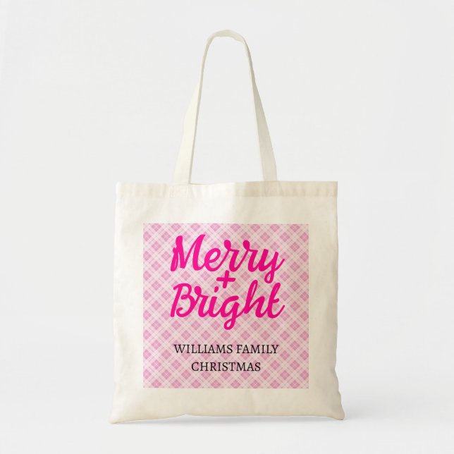 Bolsa Tote Nome da família Bright, Feliz de Natal rosa (Frente)