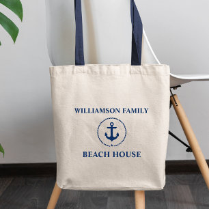Bolsa Tote Nome da Família de Âncoras Azul da Casa de Praia N