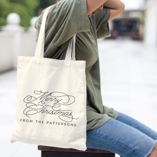 Bolsa Tote Nome da Família de Caligrafia Elegante Feliz Natal