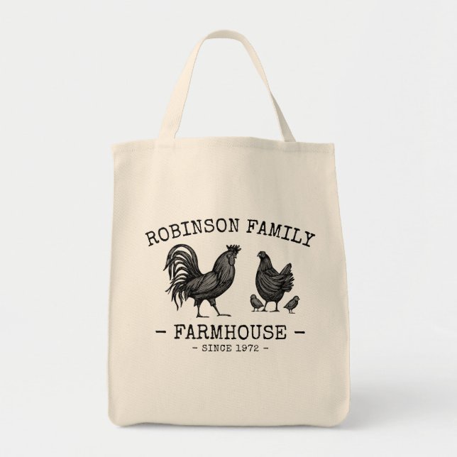 Bolsa Tote Nome da família Farmhouse Hen Pintinho Rooster (Frente)