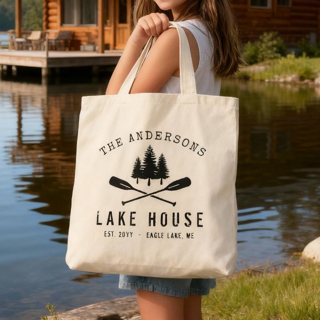 Bolsa Tote Nome da Família Rustic Lake House Boat Oars Trees (Criador carregado)