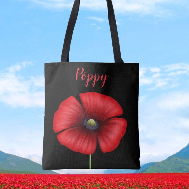 Bolsa Tote Nome da Poppy Vermelha Moderna Toque Floral Preto (A pretty poppy tote bag for you to pop your name on)