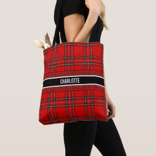 Bolsa Tote Nome da xadrez do tartan vermelho-quic