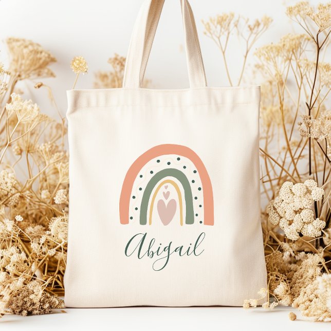 Bolsa Tote Nome das Crianças Boho Arco-íris Coração Tons da T (Criador carregado)