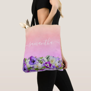 Bolsa Tote Nome das florais de ouro roxo violeta