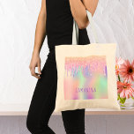 Bolsa Tote Nome das gotas de minhoca roxa rosa<br><div class="desc">Um fundo cor-de-arco-íris tenso,  colorido,  com cores pastel unicórnio e arco-íris,  cor rosa,  roxo,  rosa,  verde-menta. Decorado com pingos de brilho falso em ouro rosa,  rosa e roxo. Personalize e adicione um nome,  escrito com um script de estilo manuscrito,  entre elas,  moderno. Letras cor púrpura.</div>