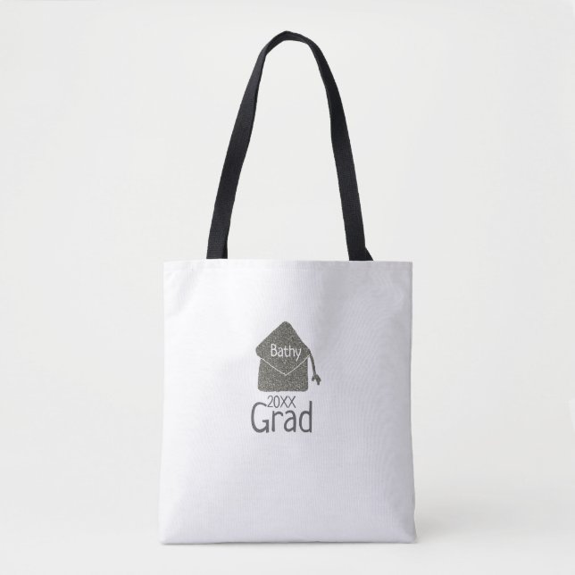 Bolsa Tote Nome de adição de boné de formatura de prata reluz (Frente)