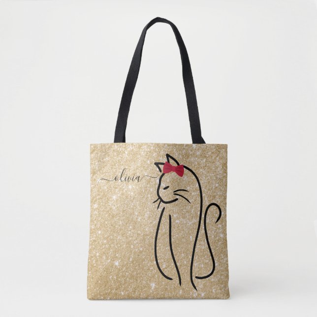 Bolsa Tote Nome de Adição de Gato Elegante Moderno Minimalist (Frente)