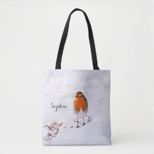 Bolsa Tote Nome de adição de Robin fofo personalizado na neve