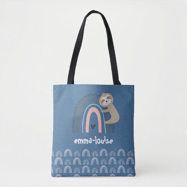 Bolsa Tote Nome de Arco-Íris de Sloth Azul Fofo da Menina (Frente)