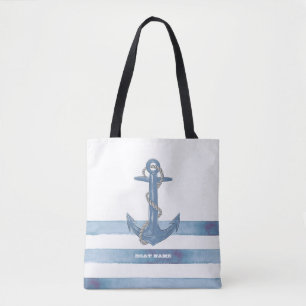 Bolsa Tote Nome de Barco Náutico,Âncora,Corda,Listras Azul Cl