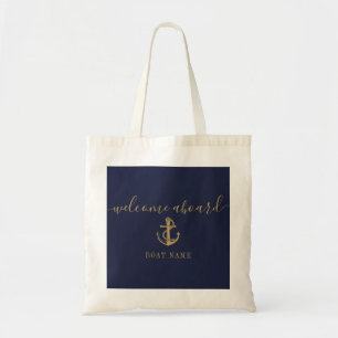 Bolsa Tote Nome de Barco Náutico Azul Marinho Dourado Bem-vin