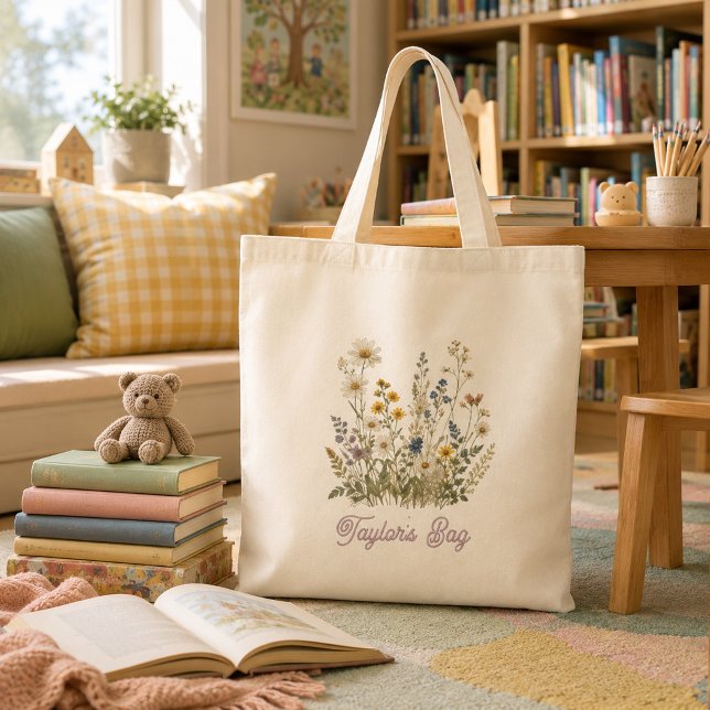 Bolsa Tote Nome de delicado prado de flores silvestres (Criador carregado)