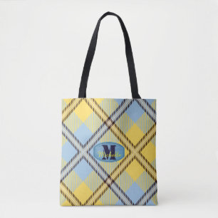 Bolsa Tote Nome de Letra Moderna Xadrez Tartan Jeans Monogram