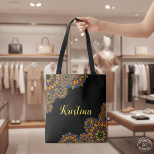 Bolsa Tote Nome de Mandala Floral Colorida e Preta em Negrito