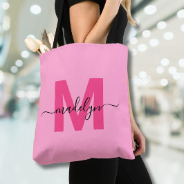 Bolsa Tote Nome de Monograma de Letra Moderna e Jovem Rosa Fe