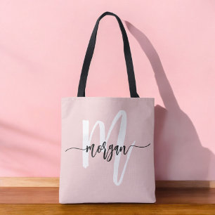Bolsa Tote Nome de Monograma de Menina Moderno em Rosa com Le
