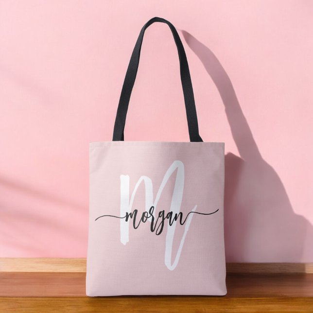Bolsa Tote Nome de Monograma de Menina Moderno em Rosa com Le (Criador carregado)