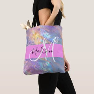 Bolsa Tote Nome de Monograma Holográfico Iridescente Rosa Fem