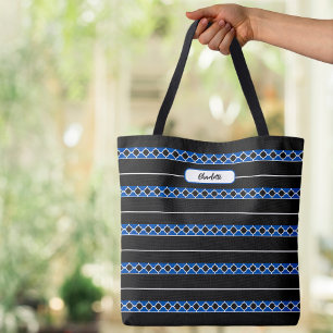 Bolsa Tote Nome de Monograma Moderno Quatrefoil Listras Preto
