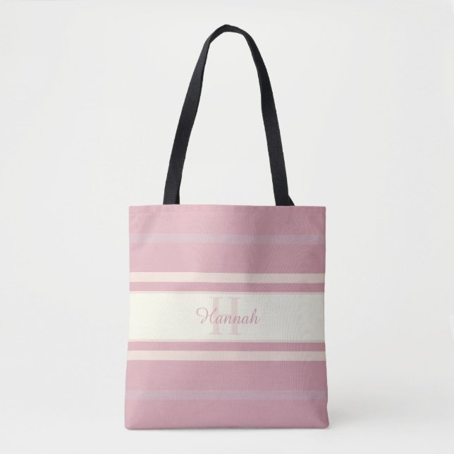 Bolsa Tote Nome de Monograma Personalizado Elegante Rosa Bege (Frente)