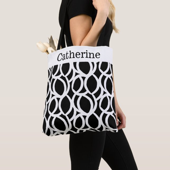 Bolsa Tote Nome de Padrão Abstrato Preto e Branco (Close Up)