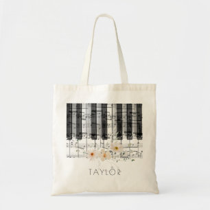 Bolsa Tote nome de piano de flores brancas delicadas