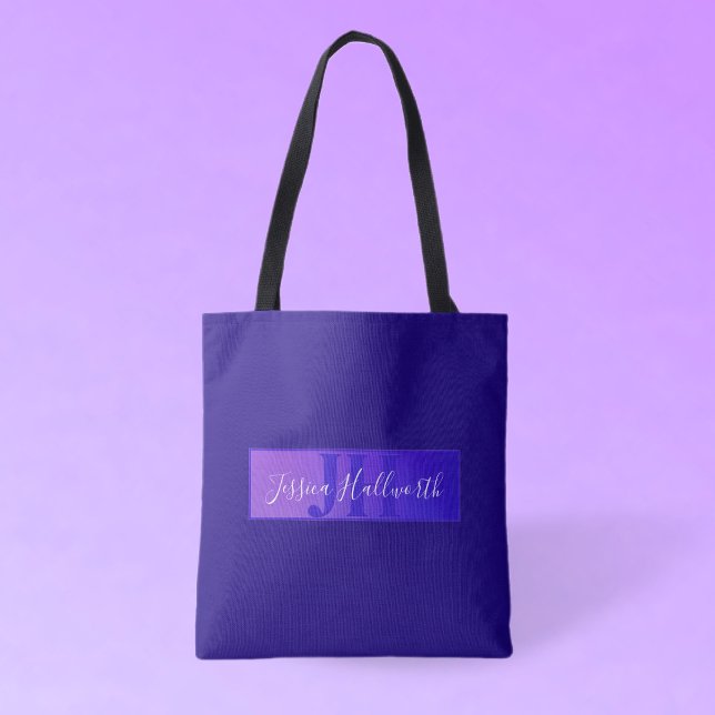 Bolsa Tote Nome de Script Elegante Moderno e Monograma Roxo (Criador carregado)