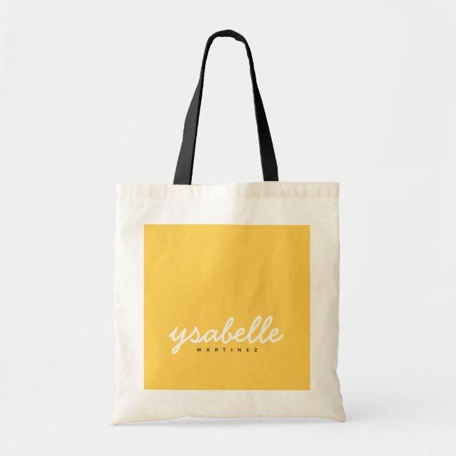 Bolsa Tote Nome de Script Simples Amarelo Amarelo de Mostarda (Frente)