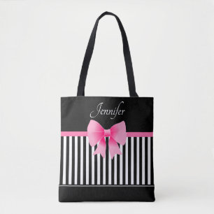 Bolsa Tote Nome do Arco rosa de padrão com risca branca e pr