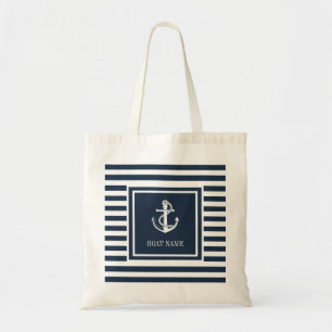 Bolsa Tote Nome do barco âncora náutica corda listras azul ma