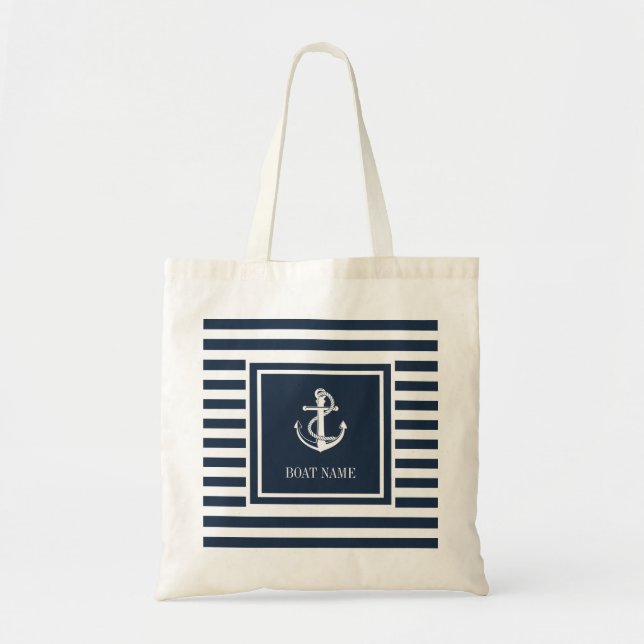 Bolsa Tote Nome do Barco Ângulo Náutico Marinho Rope Azul Str (Frente)