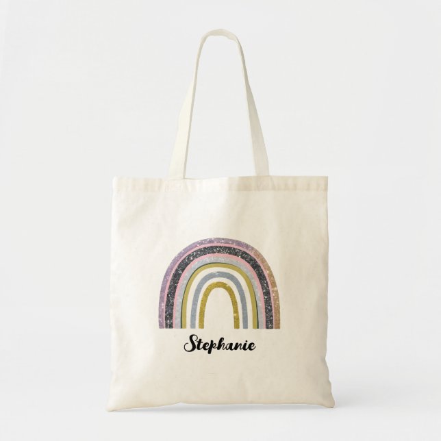 Bolsa Tote Nome do desenho do Arco-Íris do Arco-Íris Glitter  (Frente)