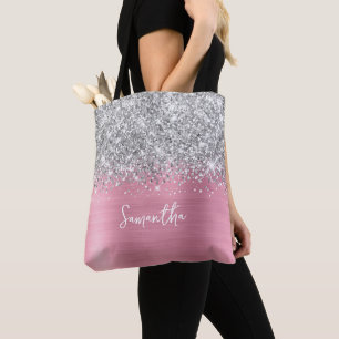 Bolsa Tote Nome do Glam-Rosa Clássico do Silver Glitter