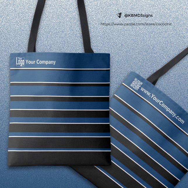 Bolsa Tote Nome do logotipo para pequenas empresas Código QR  (Small Business Logo Name QR-Code Blue Black White Tote Bag)