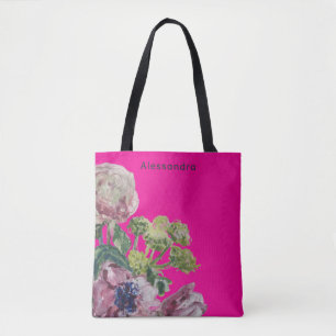 Bolsa Tote Nome do monograma cor-de-água rosa-quente cor-de-á