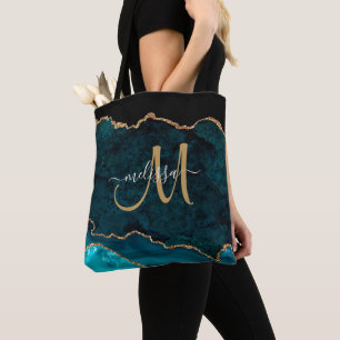 Bolsa Tote Nome do Monograma da Agitação Dourada do Teal Mode
