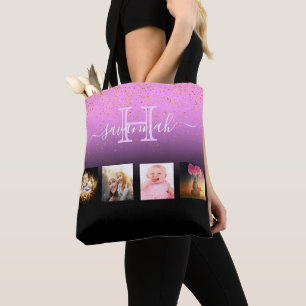 Bolsa Tote Nome do monograma da colagem de fotos em preto-rox