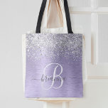 Bolsa Tote Nome do Monograma da Glitter de Prata Metálica Bru<br><div class="desc">Personalize facilmente este design de saco de tota de chico moderno com brilho prateado bonito num fundo metálico roxo escovado.</div>