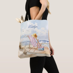 Bolsa Tote Nome do Monograma da Praia de na moda Watercolor