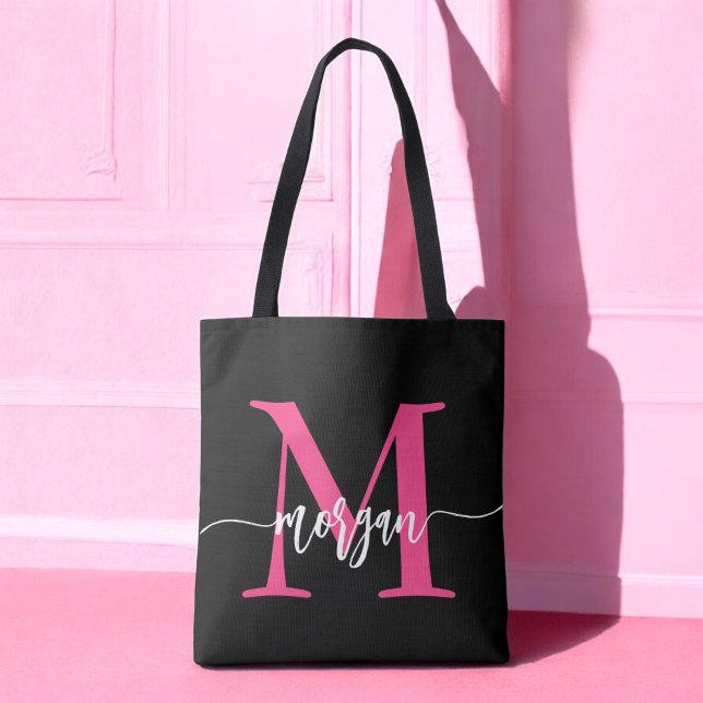 Bolsa Tote Nome do Monograma da Rapariga Preta-Rosa Quente (Criador carregado)