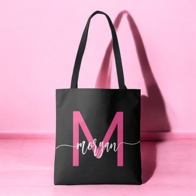 Bolsa Tote Nome do Monograma da Rapariga Preta-Rosa Quente (Criador carregado)