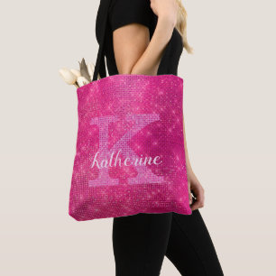 Bolsa Tote Nome do Monograma do Glitter Brilhante Rosa-Quente