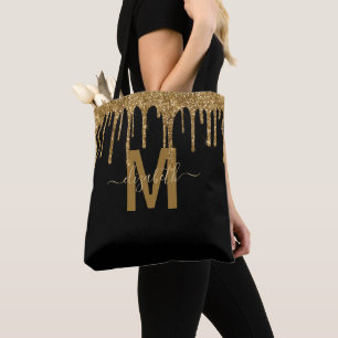 Bolsa Tote Nome do Monograma do Glitter de Disco Dourado