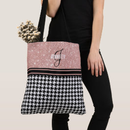 Bolsa Tote Nome do monograma do Glitter Houndstooth rosa Dour