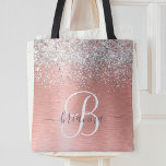 Bolsa Tote Nome do Monograma do Glitter Metálico Brutado Dour<br><div class="desc">Personalize facilmente este design de saco de tota chic com tendência,  com brilho cintilante prateado bonito num fundo metálico escovado de rosa dourado.</div>